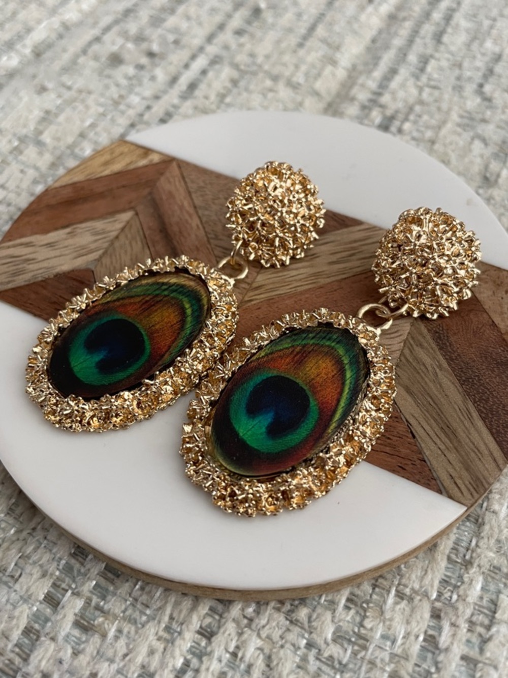 Gold Peacock Feather Drop Earrings - Women Jewelry